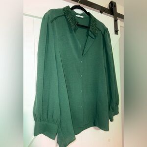 First Love green lace collar button down shirt